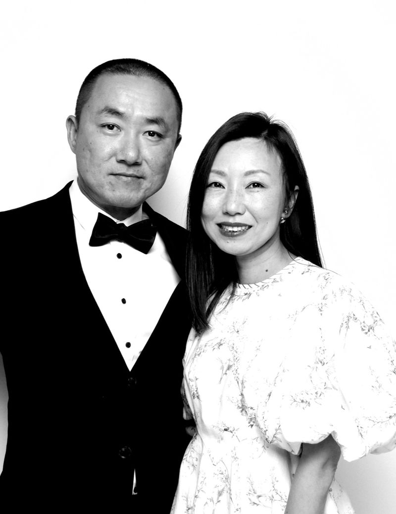Black-and-white Glam Booth portrait of a couple at a Boffo event